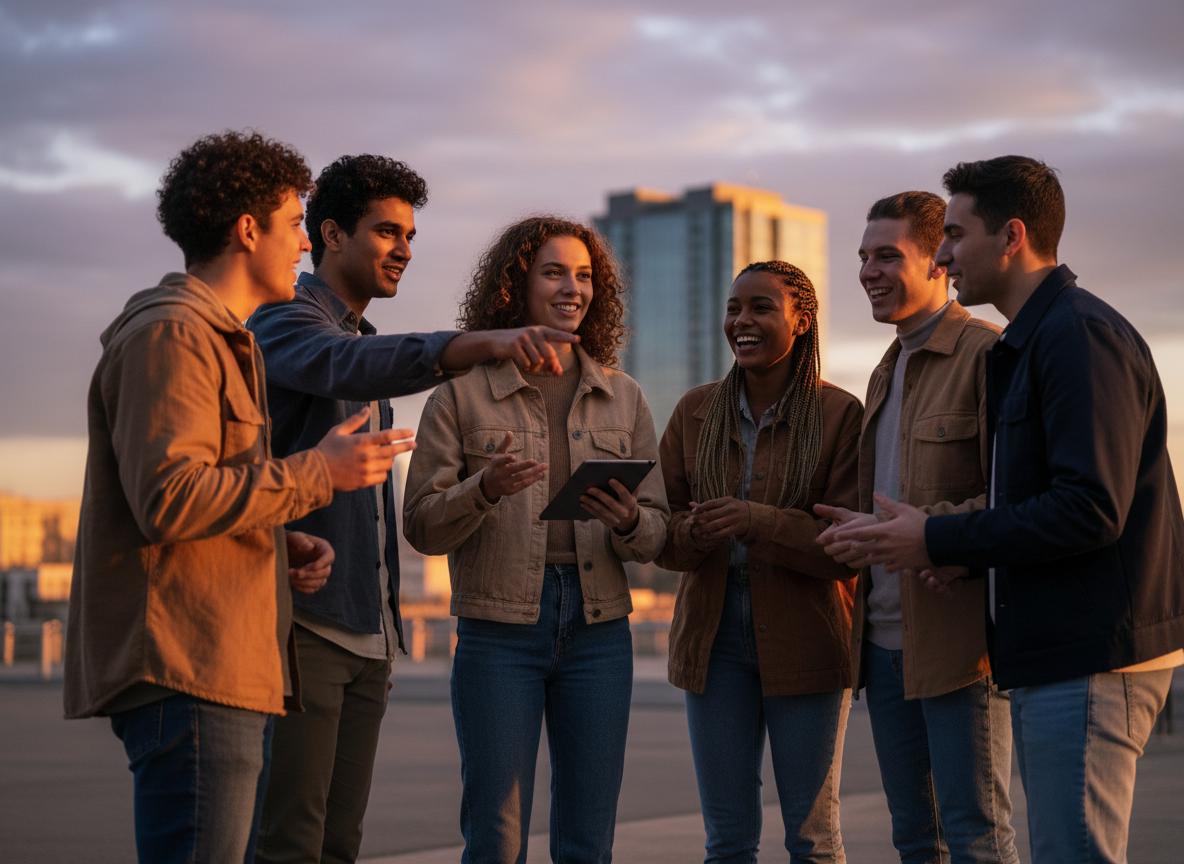 Cinematic wide photograph of a diverse group of young people in their late teens gathered outdoors at golden hour, engaged in animated collaborative conversation, warm dramatic side lighting, out-of-focus modern city and open sky behind them, hopeful and forward-looking mood, professional editorial photography, shallow depth of field