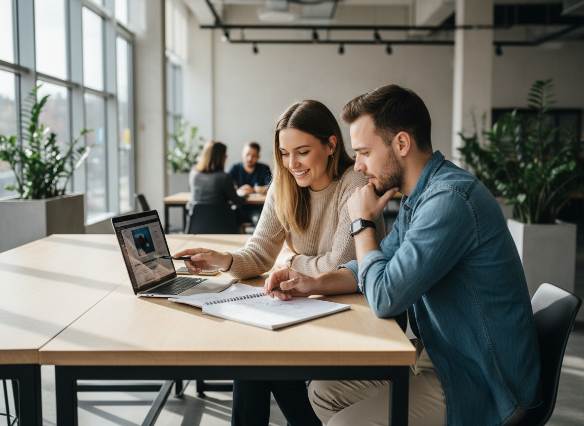 Photograph of two young people collaborating over a notebook and laptop in a bright modern open space, natural window light, genuine engaged expressions, contemporary professional editorial style, warm inviting atmosphere