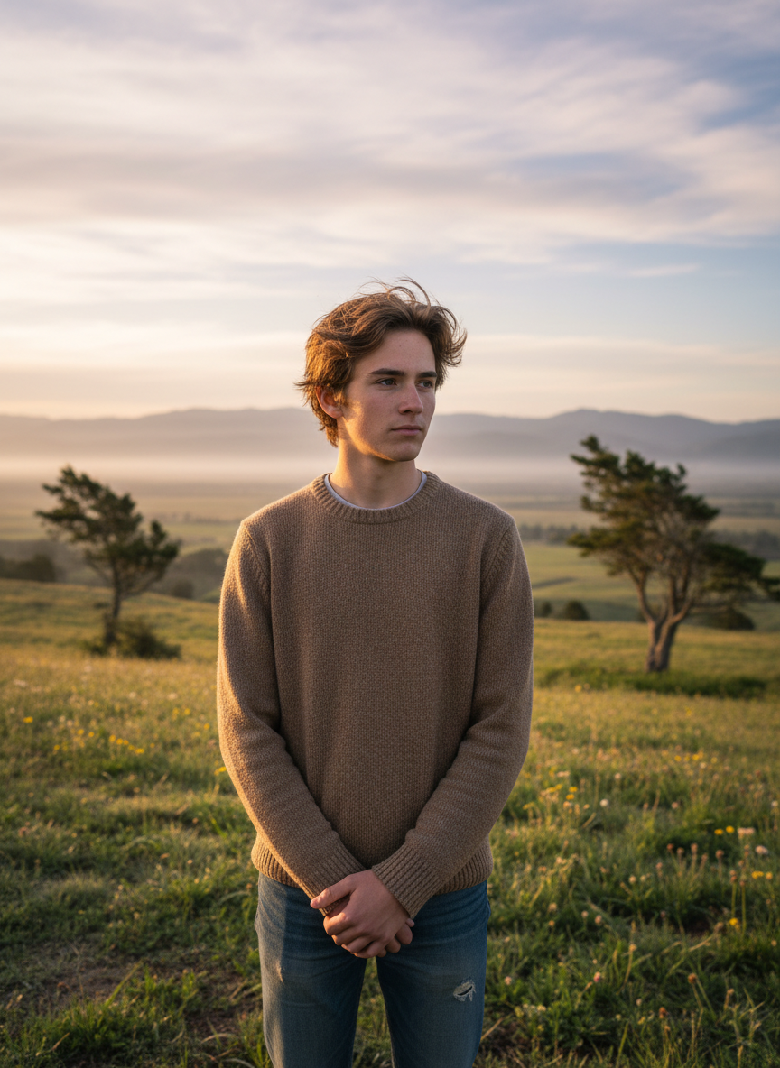 Photographic portrait of a thoughtful young person in their late teens standing outdoors looking toward an open horizon at soft morning light, contemplative and forward-looking expression, natural setting with open sky, editorial professional photography, shallow depth of field