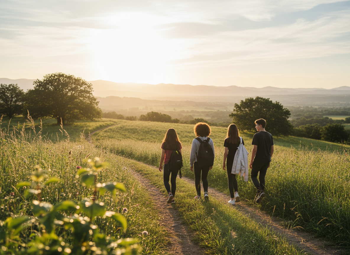 Photograph of a small group of teenagers walking together through a green natural landscape or open park, backs partly to camera heading toward open horizon, soft natural light, sense of journey and growth, editorial photographic style