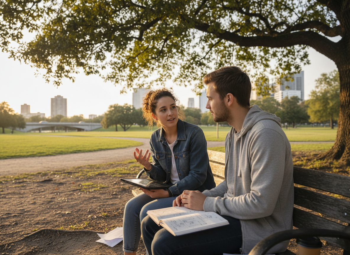 Documentary-style photograph of two young people in their late teens collaborating and talking thoughtfully outdoors in a natural urban park setting.