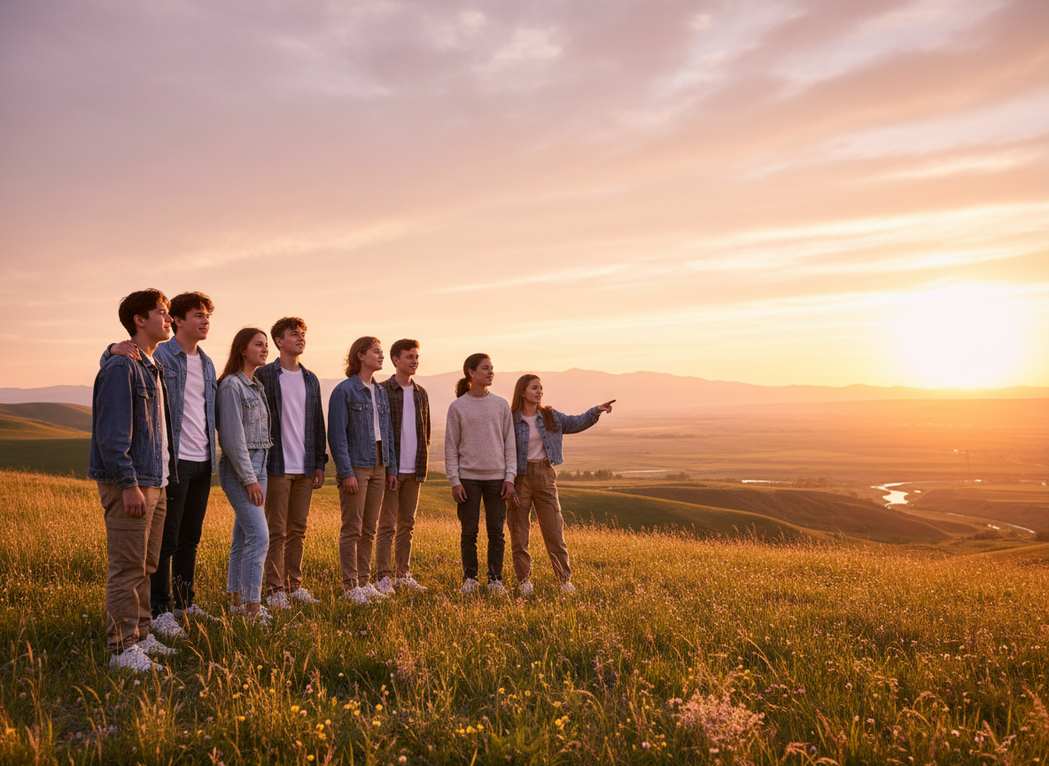 Cinematic wide photograph of a group of diverse teenagers standing outdoors on an open hillside at golden hour, looking forward toward a vast open horizon and sky.