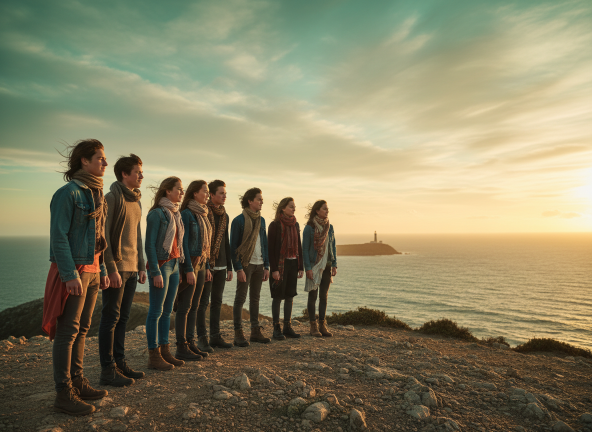 Cinematic wide photograph of a group of diverse teenagers standing on a windswept coastal cliff at golden hour, looking out toward an open ocean horizon with a distant lighthouse silhouette on the far headland.
