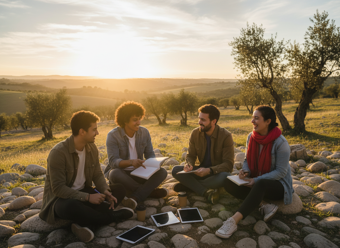 Warm photograph of a small group of diverse young people collaborating outdoors in natural amber sunlight