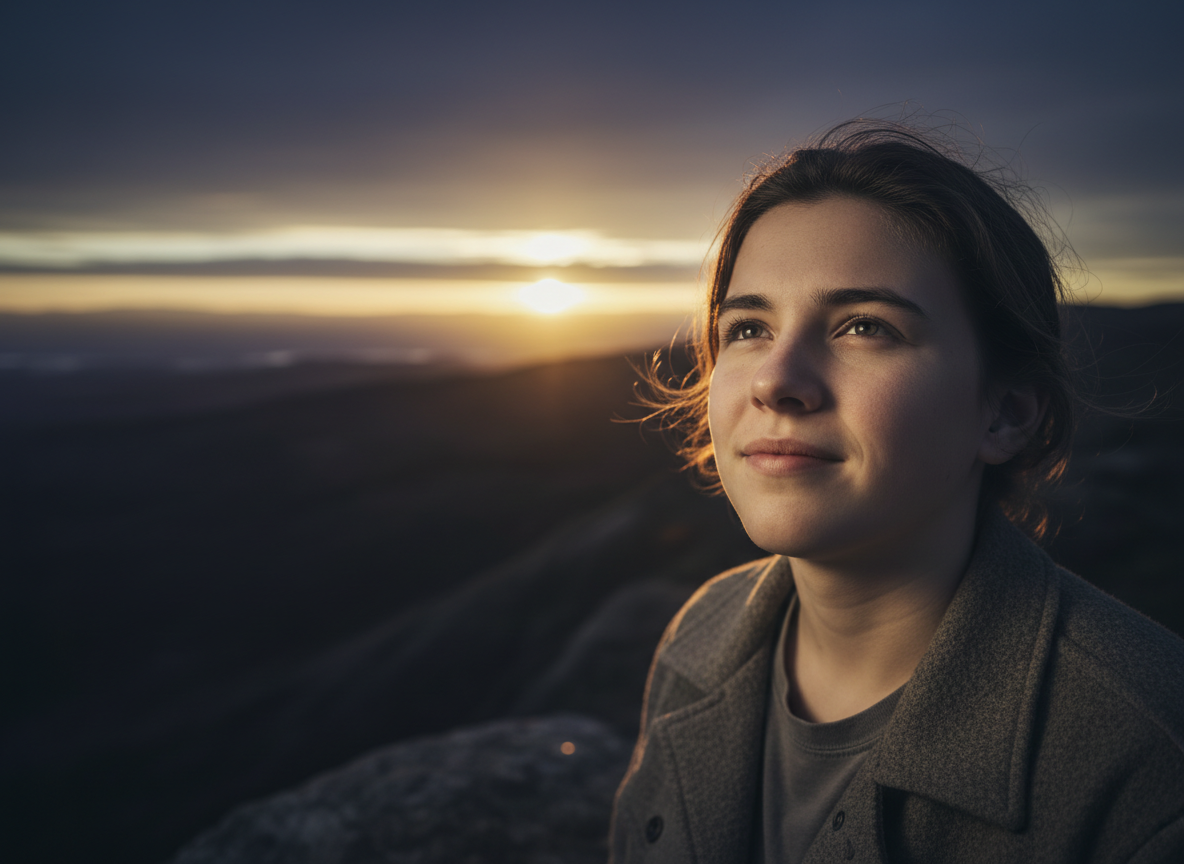 Cinematic, moody portrait of a thoughtful young person looking upward and forward toward a vast open horizon at dawn, soft golden and amber light on their face