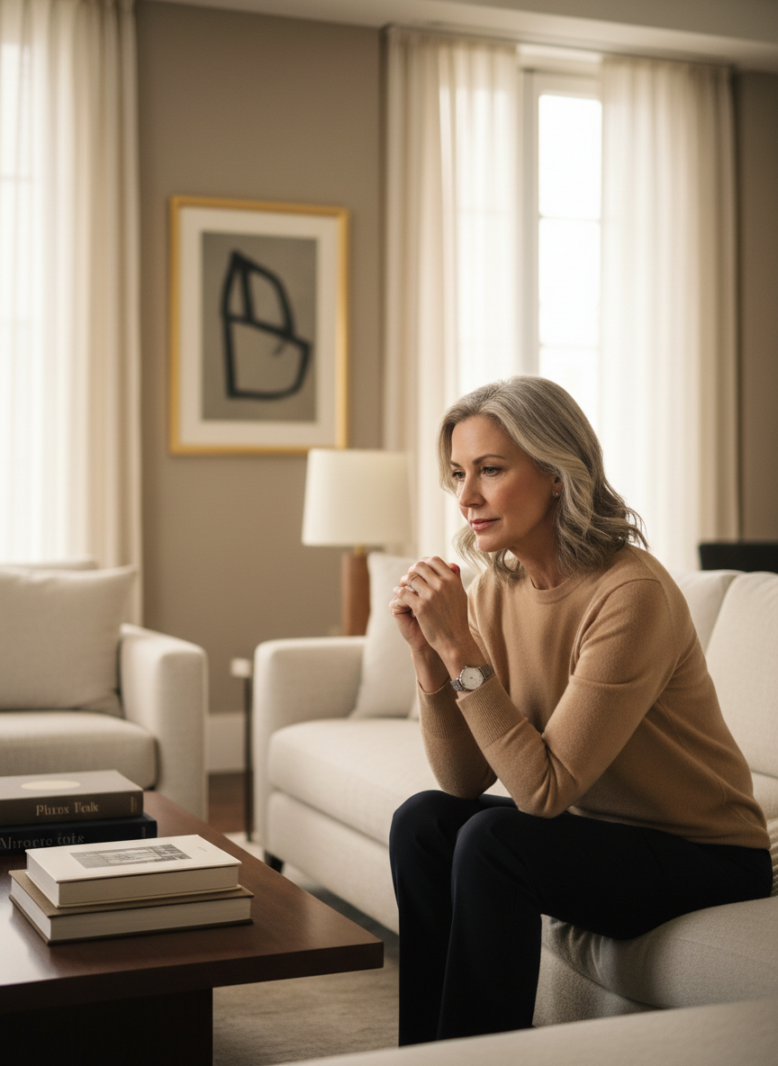 A confident mature professional in their late 40s or 50s, calm and reflective, photographed in a refined modern interior with warm natural light. Editorial portrait, understated luxury, thoughtful expression conveying hard-won wisdom. Neutral warm tones, professional photography.