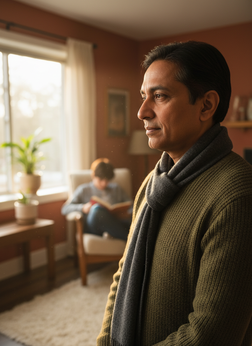 A thoughtful, warm-lit photograph of a middle-aged parent standing near a window at home, watching their teenage child in the soft-focus background. Contemplative, tender expression. Natural warm light, muted earthy tones, cinematic depth of field, professional editorial photography. No school or classroom setting.