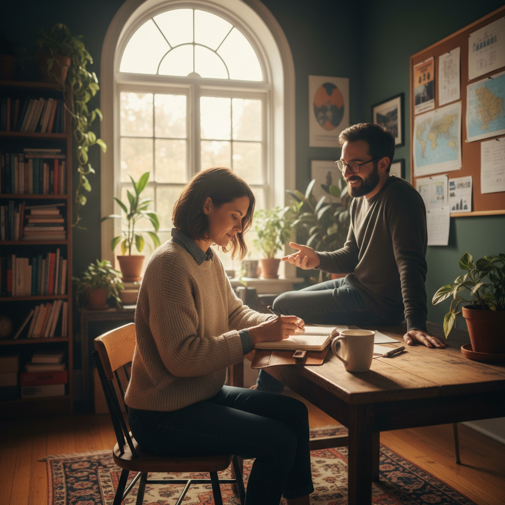 A candid, natural photograph of a scientist or researcher in a warm, humanistic setting — perhaps reviewing notes at a sunlit desk near a window, or having a thoughtful conversation with a colleague in a relaxed environment. Warm tones, natural light, genuine human connection. Not a lab, not artificial-looking. Editorial and authentic in style.